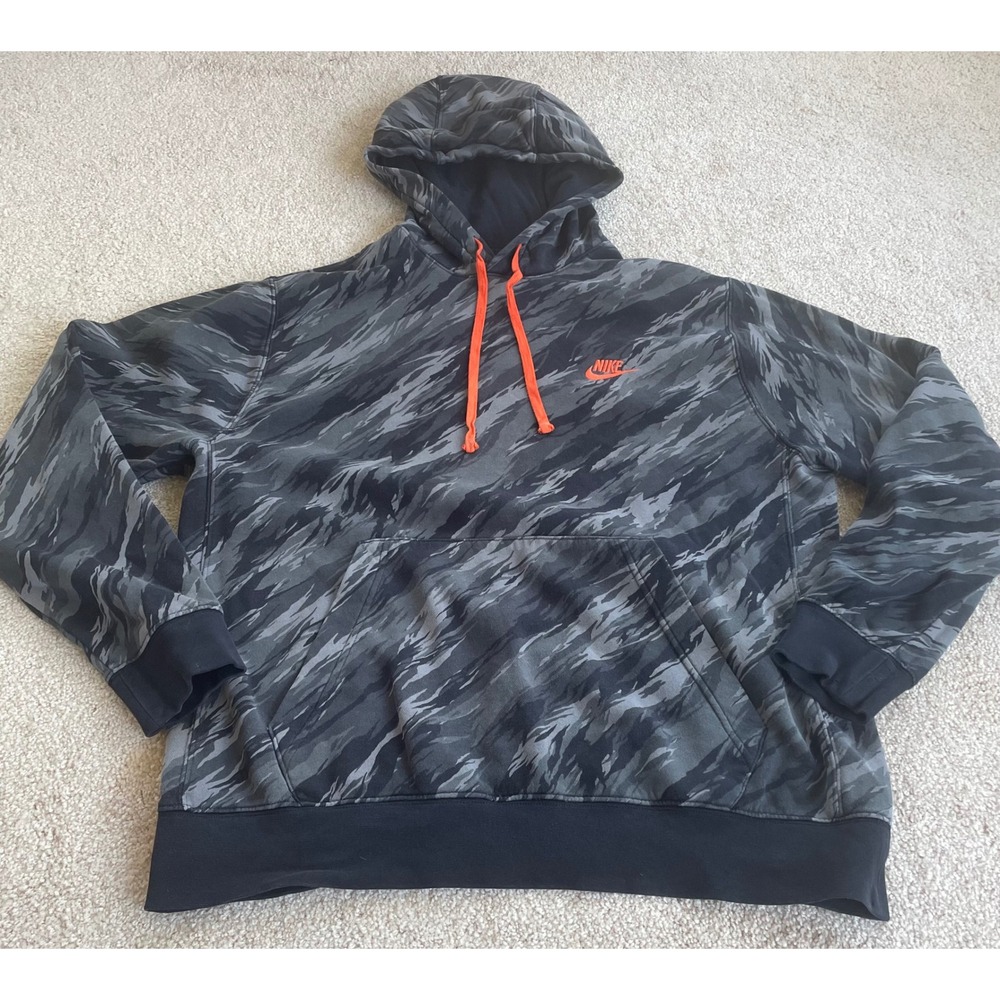 Nike Mens Sportswear Club Fleece Hoodie Stripe Camo Grey Orange Large